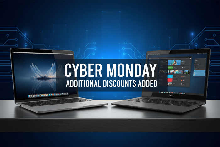 cyber monday - additional discounts added. Image to include dell and apple laptops - Blue colours - 