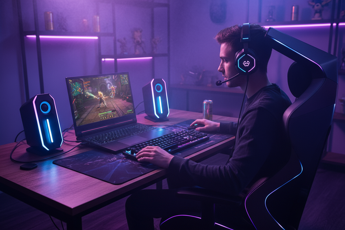 i need a gaming picture for tech devices like speaksers, headsets, laptops a person playing on a computer wtc - https://wisetekstore.com/collections/gaming-devices